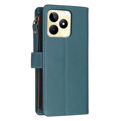 Realme C53 Leather Flip Wallet Phone Case with 9 Card Slots, Zipper Compartment, and Adjustable Stand