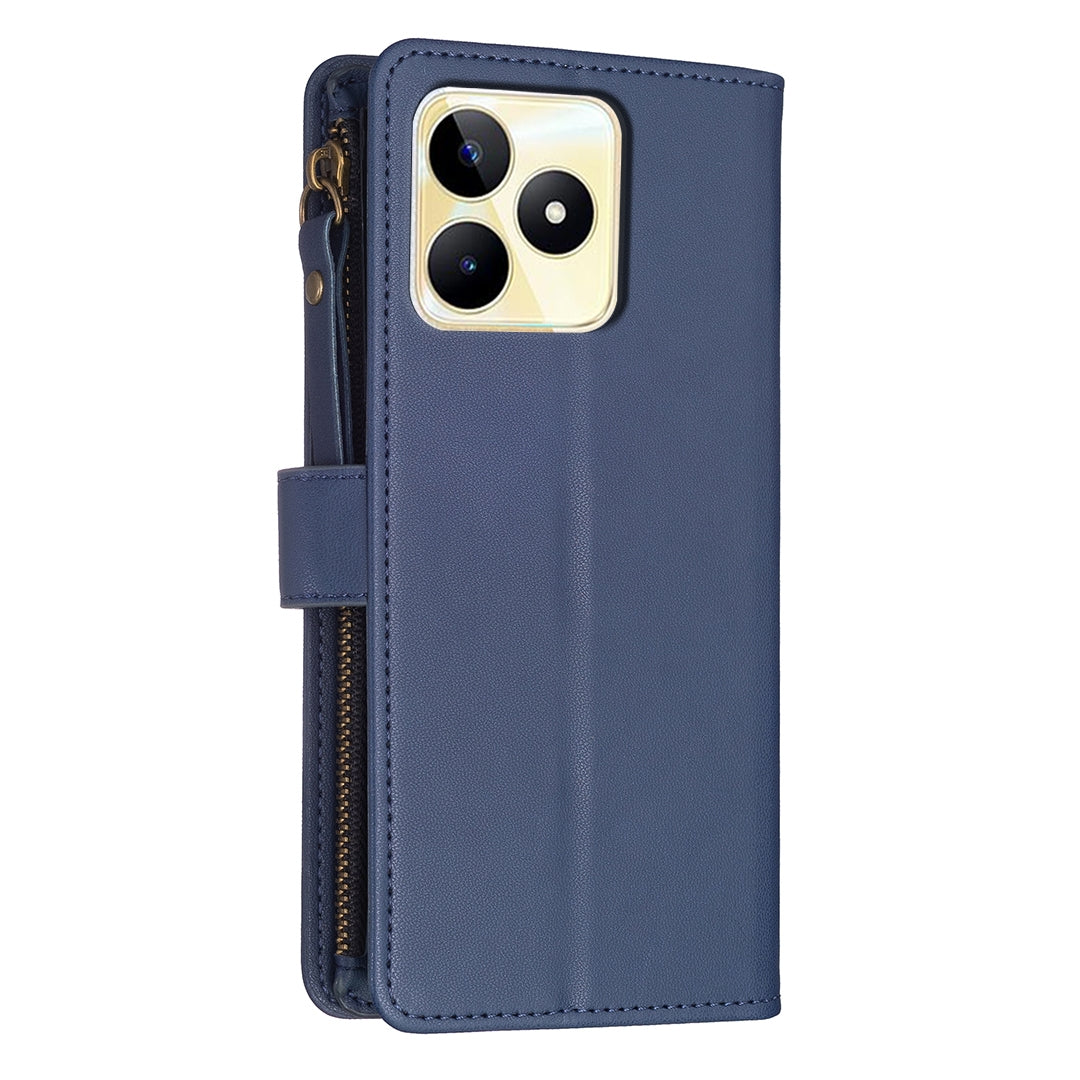 Realme C53 Leather Flip Wallet Phone Case with 9 Card Slots, Zipper Compartment, and Adjustable Stand