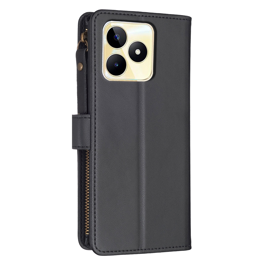 Realme C53 Leather Flip Wallet Phone Case with 9 Card Slots, Zipper Compartment, and Adjustable Stand