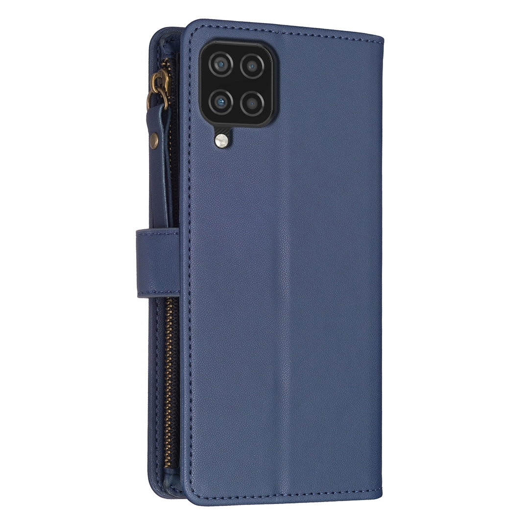 Samsung Galaxy A12 Leather Flip Wallet Phone Case with 9 Card Slots, Zipper Compartment, and Adjustable Stand