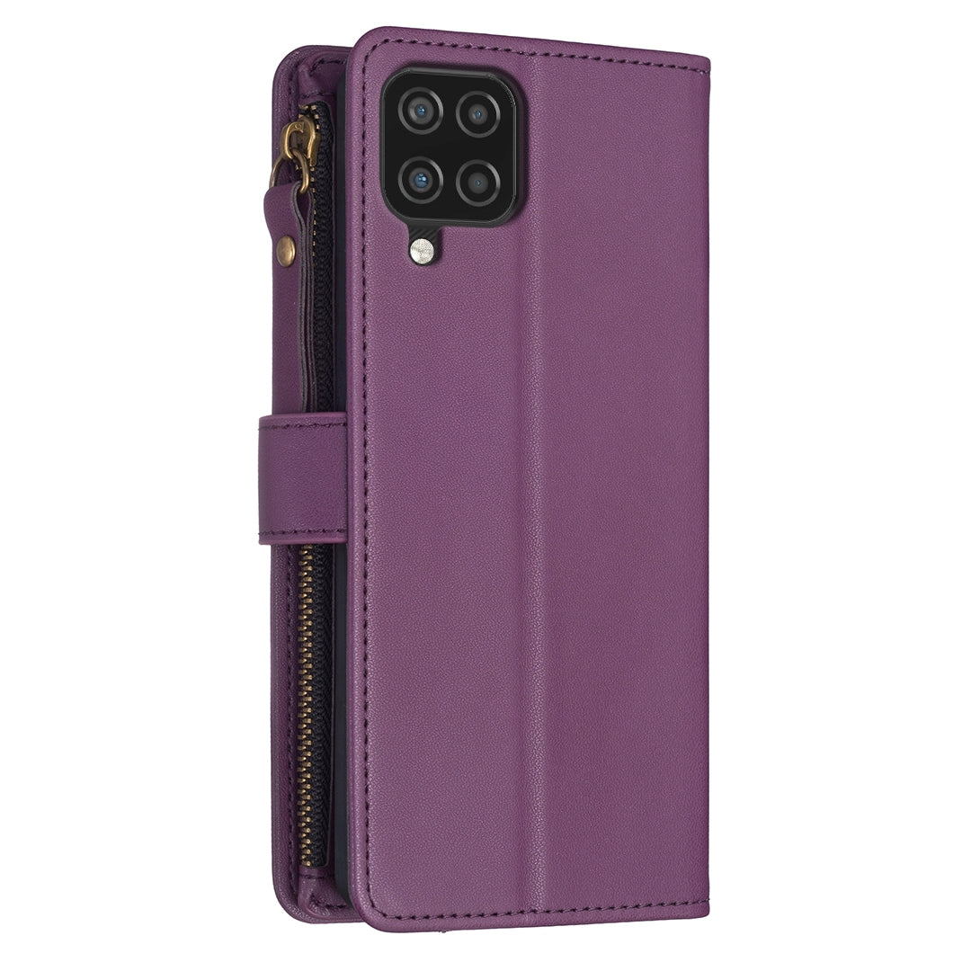 Samsung Galaxy A12 Leather Flip Wallet Phone Case with 9 Card Slots, Zipper Compartment, and Adjustable Stand