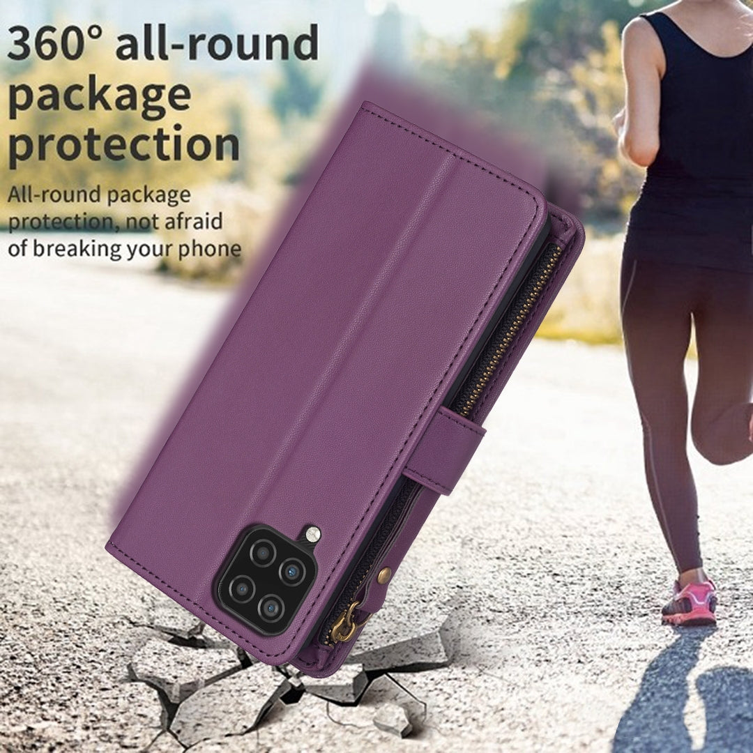 Samsung Galaxy A12 Leather Flip Wallet Phone Case with 9 Card Slots, Zipper Compartment, and Adjustable Stand