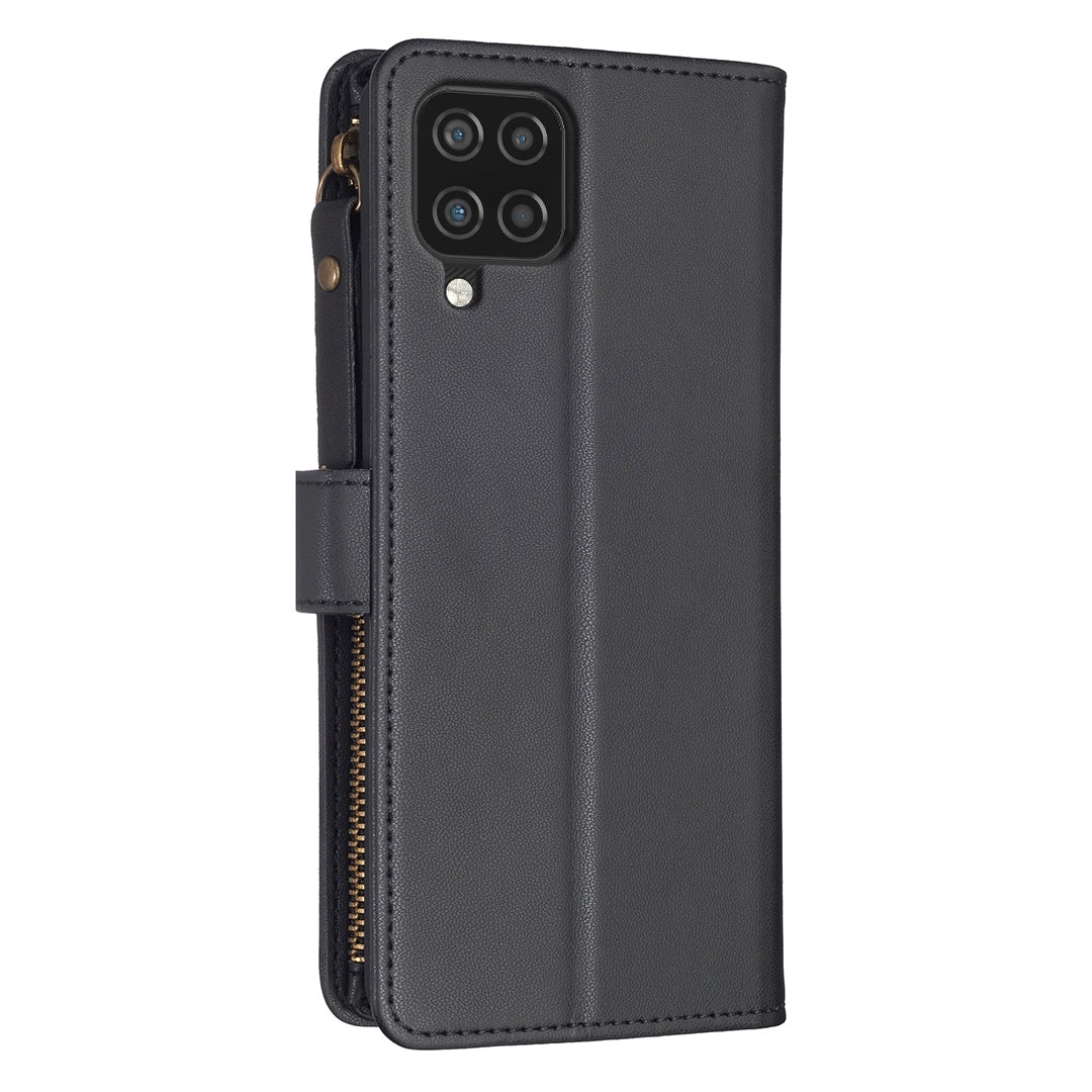 Samsung Galaxy A12 Leather Flip Wallet Phone Case with 9 Card Slots, Zipper Compartment, and Adjustable Stand