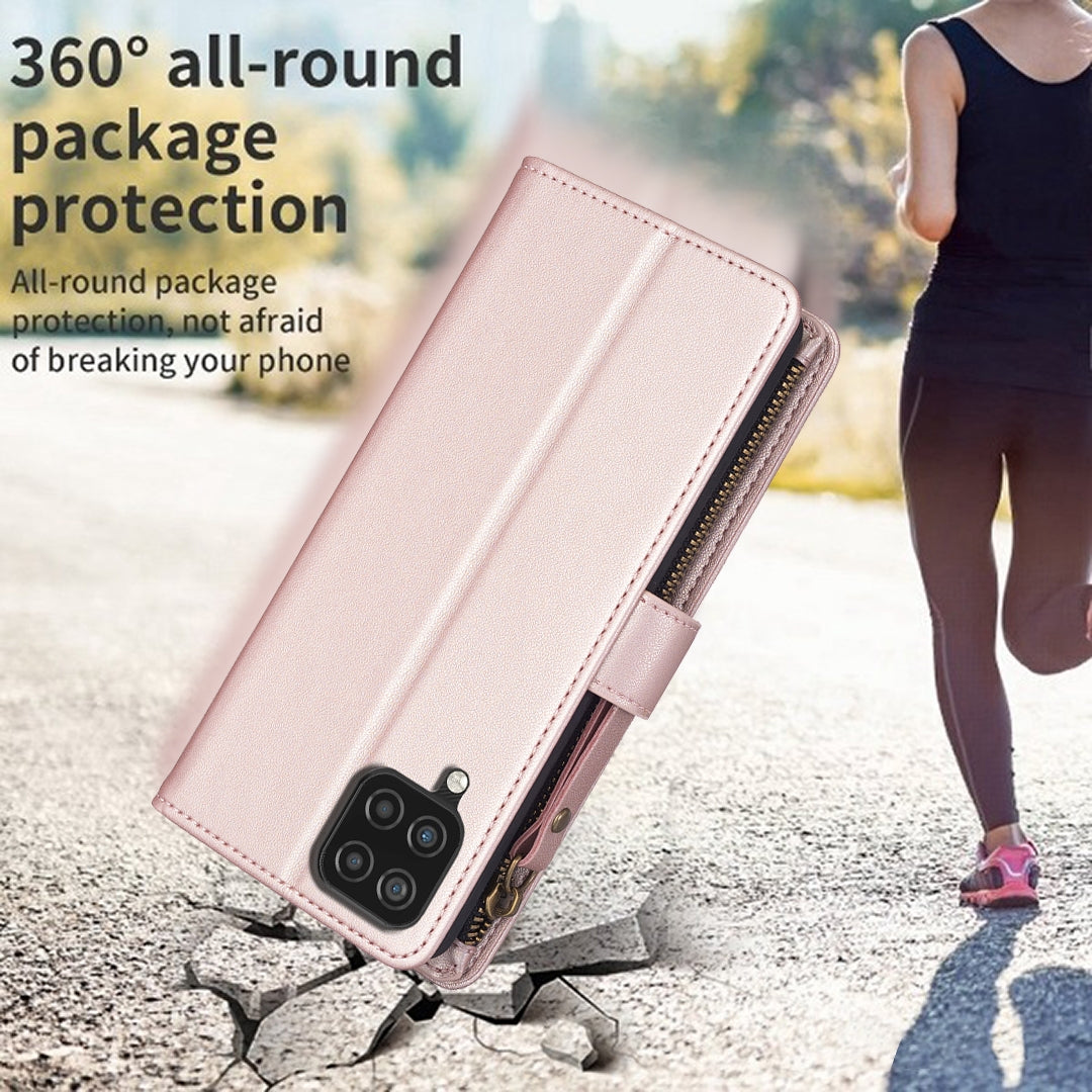 Samsung Galaxy A12 Leather Flip Wallet Phone Case with 9 Card Slots, Zipper Compartment, and Adjustable Stand