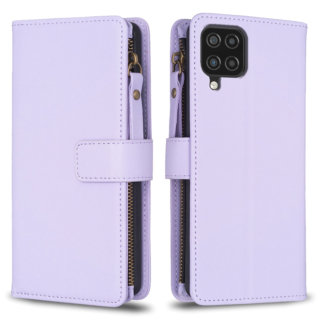 Samsung Galaxy A12 Leather Flip Wallet Phone Case with 9 Card Slots, Zipper Compartment, and Adjustable Stand