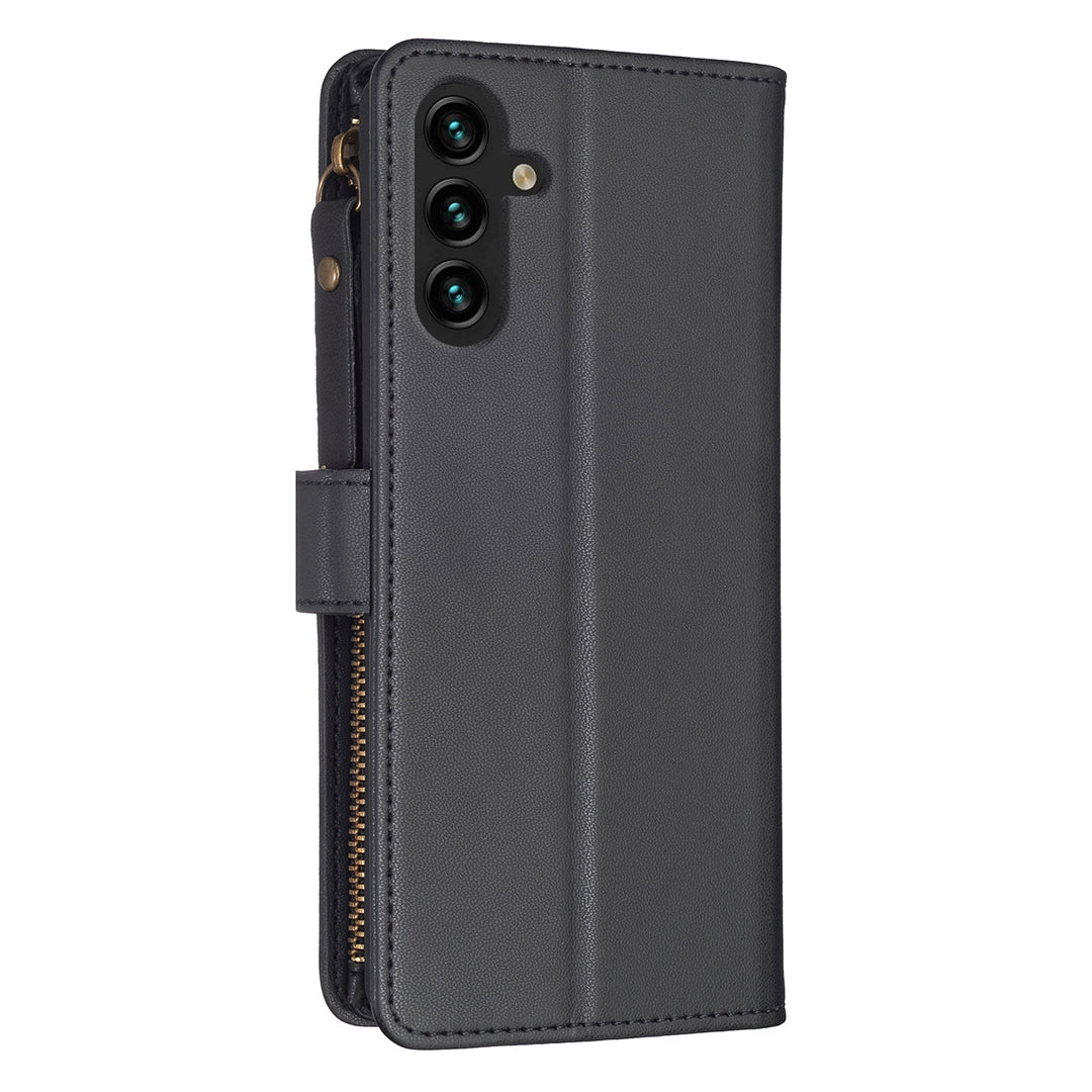 Samsung Galaxy A13 Leather Flip Wallet Phone Case with 9 Card Slots, Zipper Compartment, and Adjustable Stand