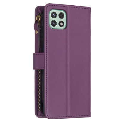 Samsung Galaxy A22 5G Leather Flip Wallet Phone Case with 9 Card Slots, Zipper Compartment, and Adjustable Stand
