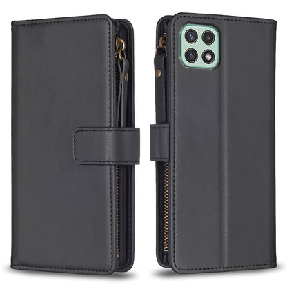 Samsung Galaxy A22 5G Leather Flip Wallet Phone Case with 9 Card Slots, Zipper Compartment, and Adjustable Stand