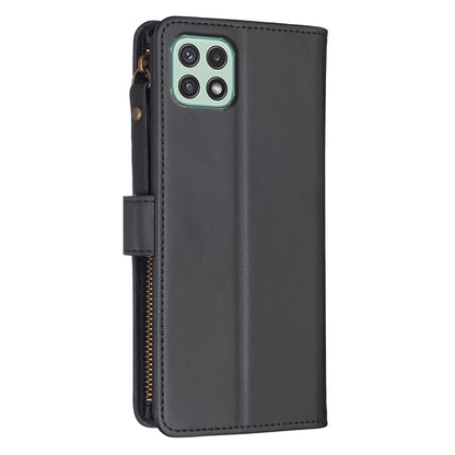 Samsung Galaxy A22 5G Leather Flip Wallet Phone Case with 9 Card Slots, Zipper Compartment, and Adjustable Stand