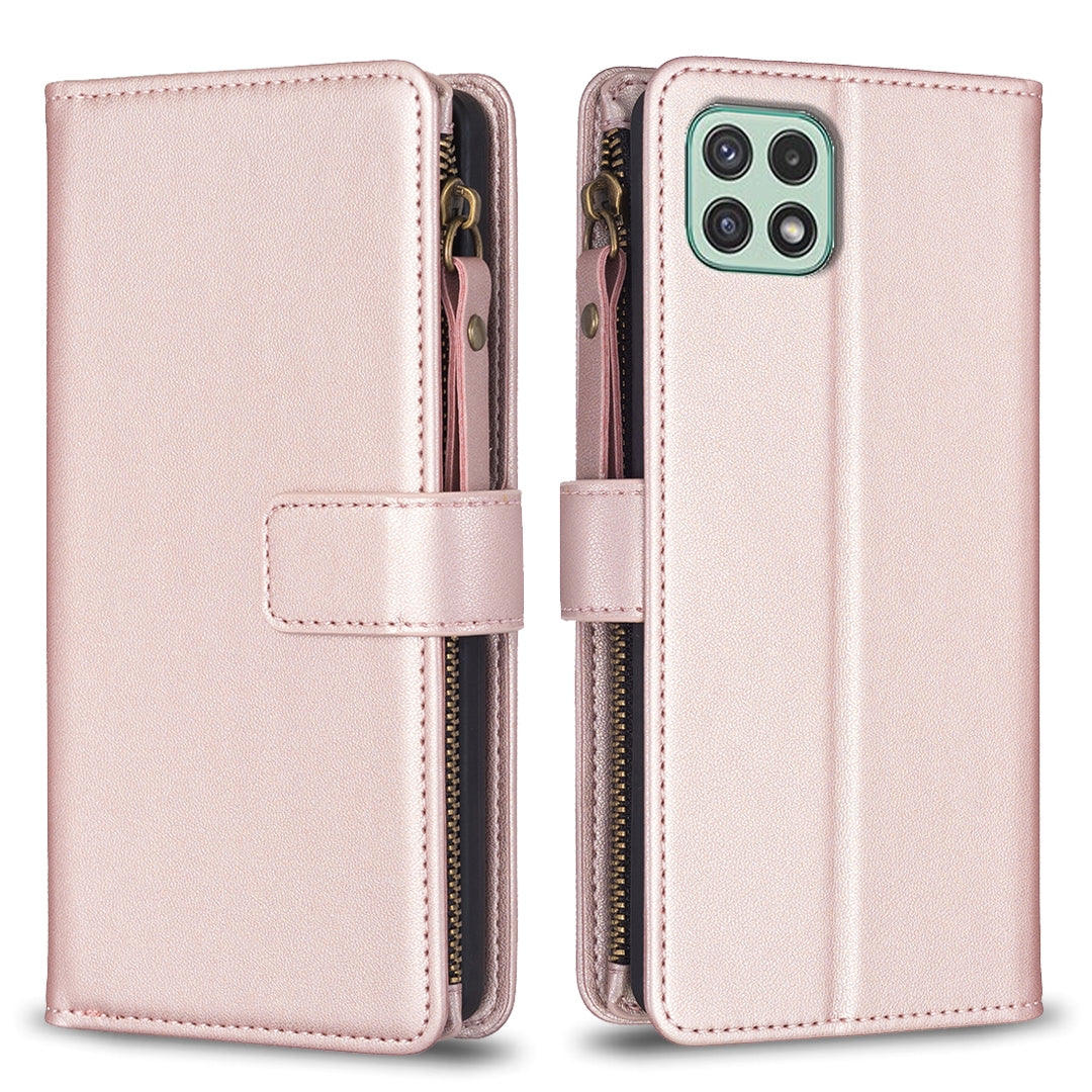 Samsung Galaxy A22 5G Leather Flip Wallet Phone Case with 9 Card Slots, Zipper Compartment, and Adjustable Stand