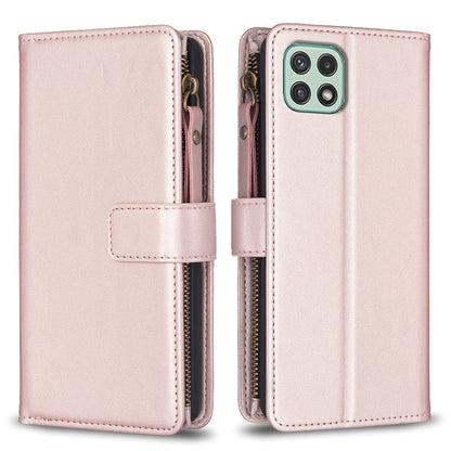 Samsung Galaxy A22 5G Leather Flip Wallet Phone Case with 9 Card Slots, Zipper Compartment, and Adjustable Stand