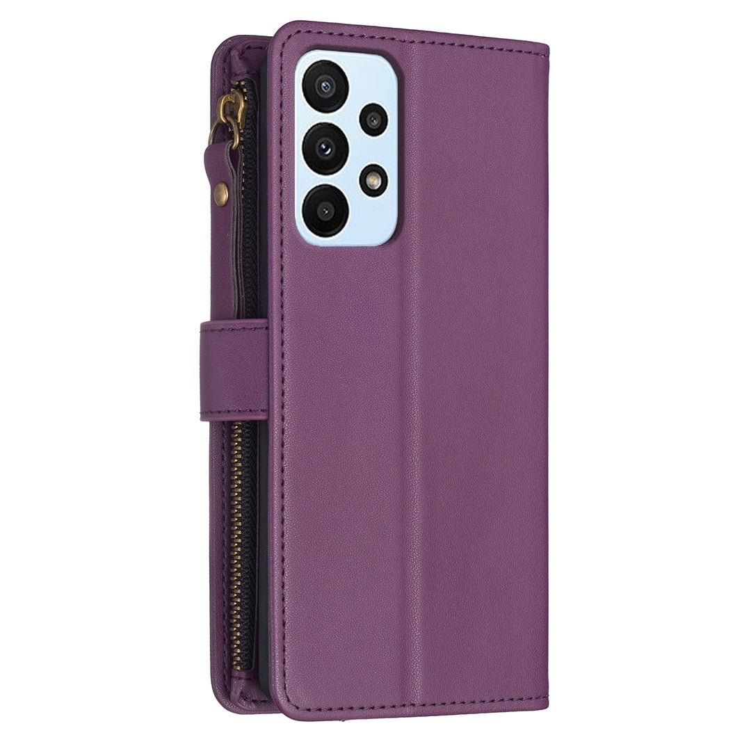 Samsung Galaxy A23 4G Leather Flip Wallet Phone Case with 9 Card Slots, Zipper Compartment, and Adjustable Stand