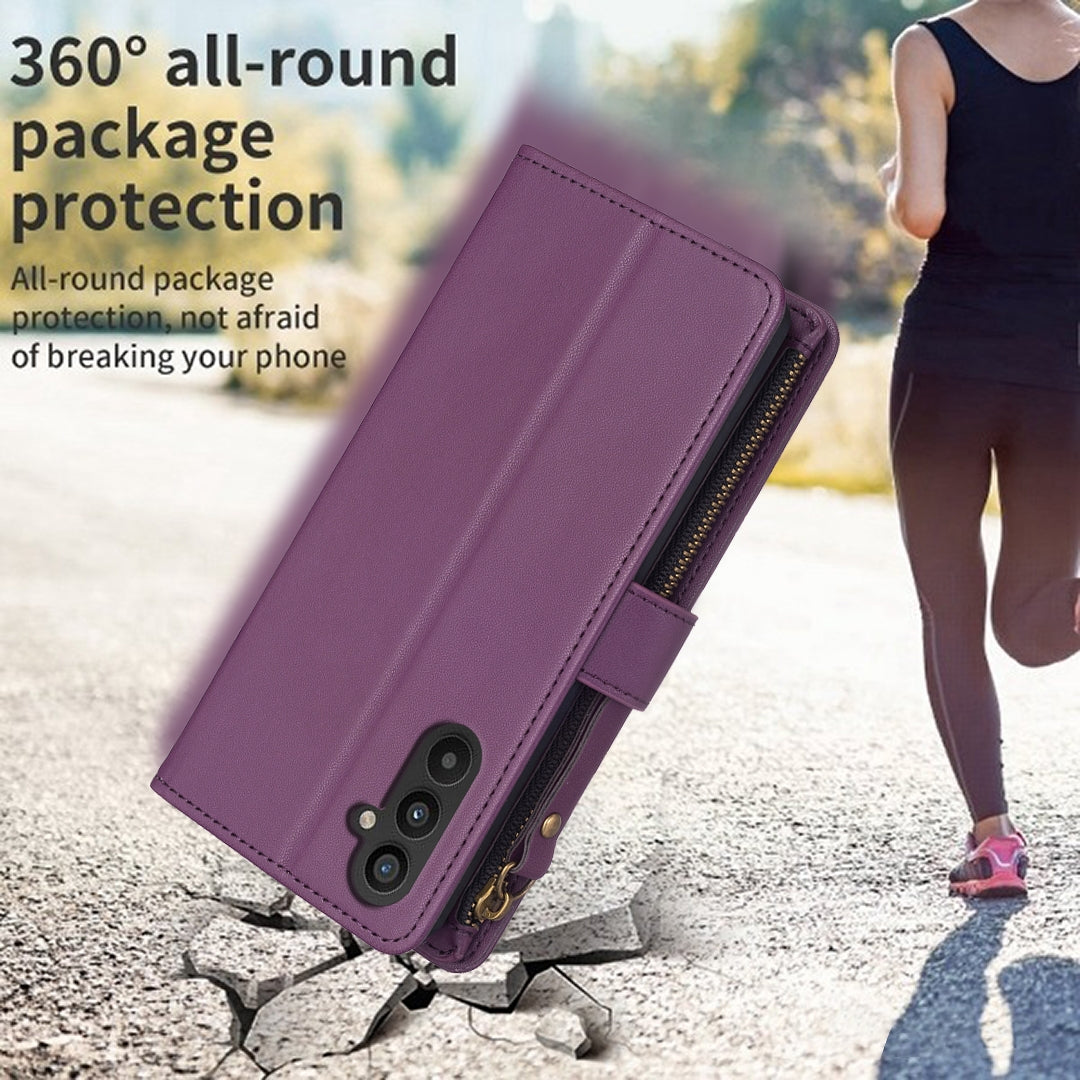 Samsung Galaxy A24 4G Leather Flip Wallet Phone Case with 9 Card Slots, Zipper Compartment, and Adjustable Stand