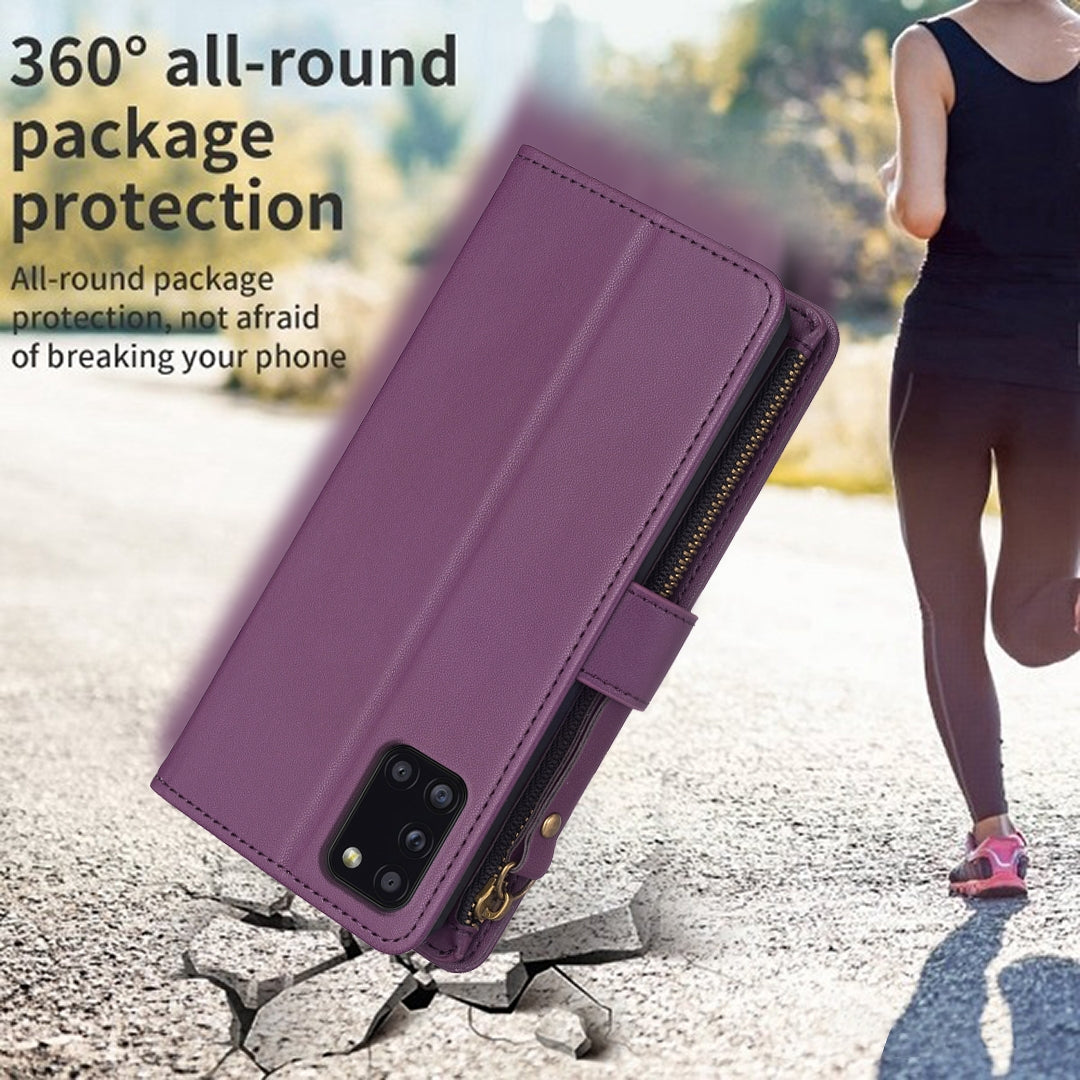 Samsung Galaxy A31 Leather Flip Wallet Phone Case with 9 Card Slots, Zipper Compartment, and Adjustable Stand