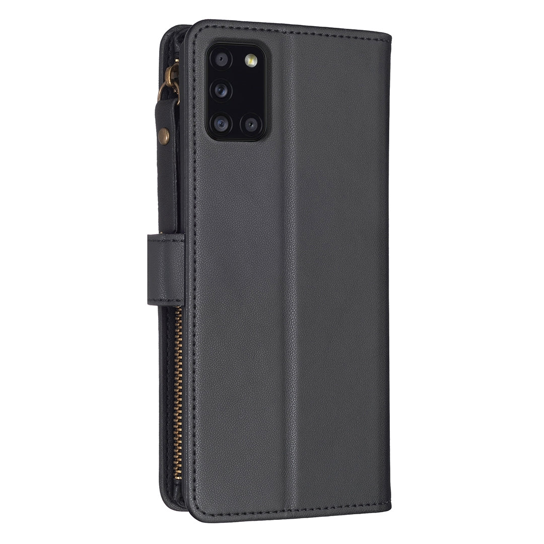Samsung Galaxy A31 Leather Flip Wallet Phone Case with 9 Card Slots, Zipper Compartment, and Adjustable Stand