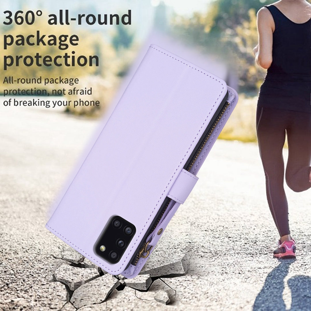 Samsung Galaxy A31 Leather Flip Wallet Phone Case with 9 Card Slots, Zipper Compartment, and Adjustable Stand