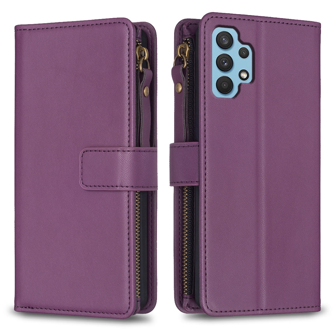 Samsung Galaxy A32 4G Leather Flip Wallet Phone Case with 9 Card Slots, Zipper Compartment, and Adjustable Stand