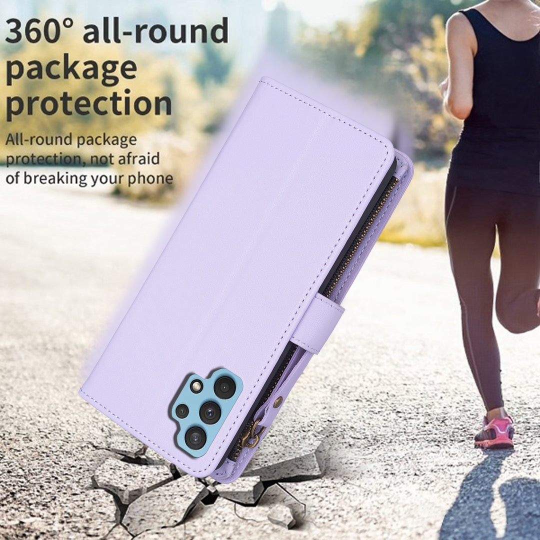 Samsung Galaxy A32 4G Leather Flip Wallet Phone Case with 9 Card Slots, Zipper Compartment, and Adjustable Stand