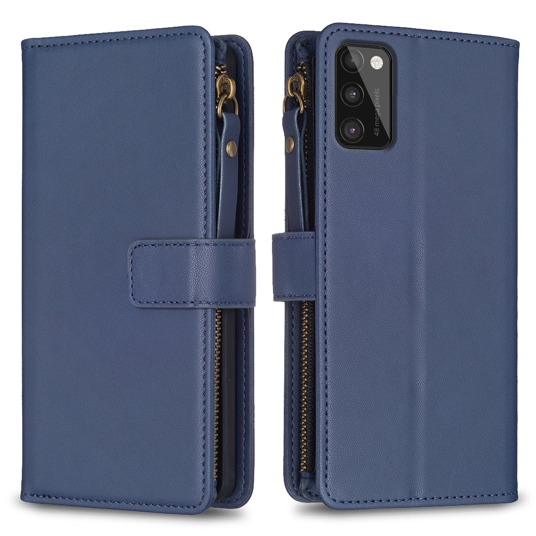 Samsung Galaxy A41 Leather Flip Wallet Phone Case with 9 Card Slots, Zipper Compartment, and Adjustable Stand