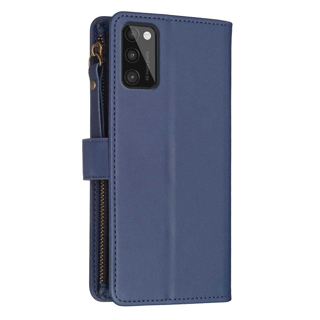 Samsung Galaxy A41 Leather Flip Wallet Phone Case with 9 Card Slots, Zipper Compartment, and Adjustable Stand