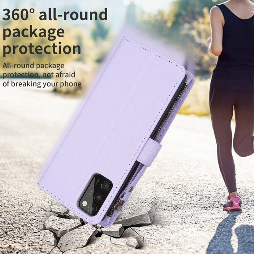 Samsung Galaxy A41 Leather Flip Wallet Phone Case with 9 Card Slots, Zipper Compartment, and Adjustable Stand