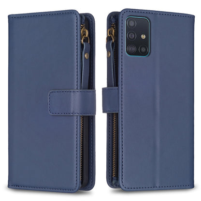 Samsung Galaxy A51 4G Leather Flip Wallet Phone Case with 9 Card Slots, Zipper Compartment, and Adjustable Stand