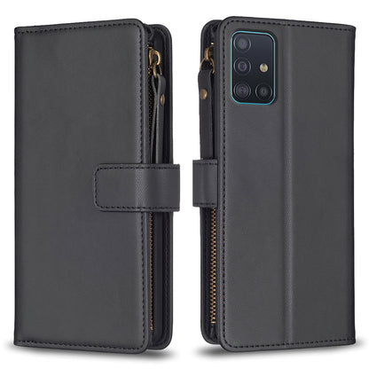 Samsung Galaxy A51 4G Leather Flip Wallet Phone Case with 9 Card Slots, Zipper Compartment, and Adjustable Stand