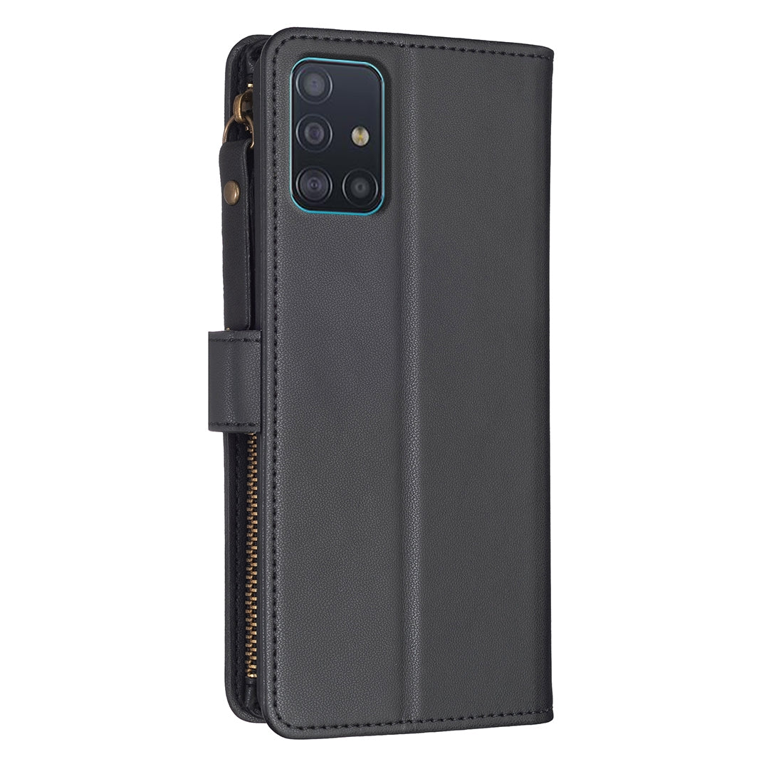 Samsung Galaxy A51 4G Leather Flip Wallet Phone Case with 9 Card Slots, Zipper Compartment, and Adjustable Stand