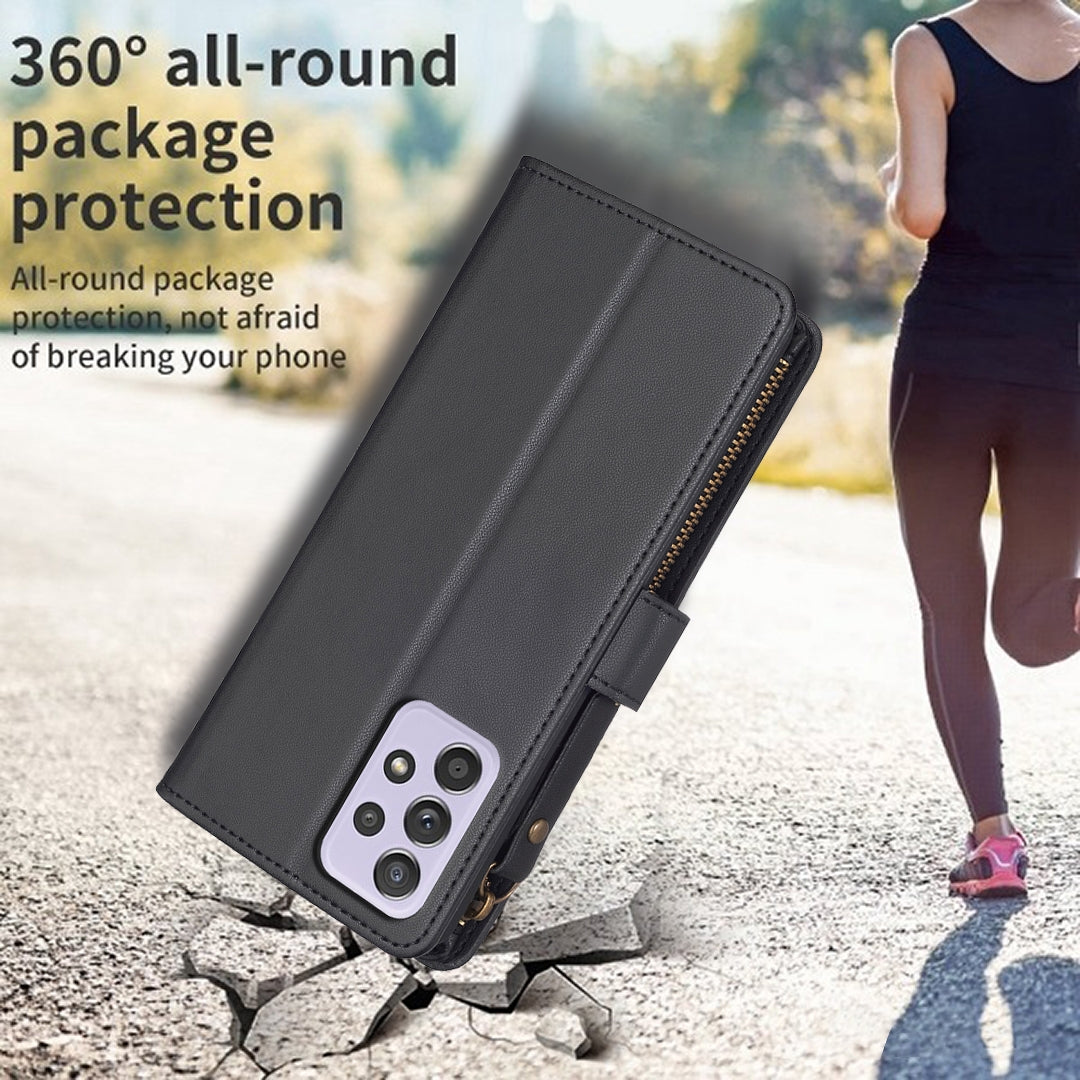 Samsung Galaxy A52 Leather Flip Wallet Phone Case with 9 Card Slots, Zipper Compartment, and Adjustable Stand