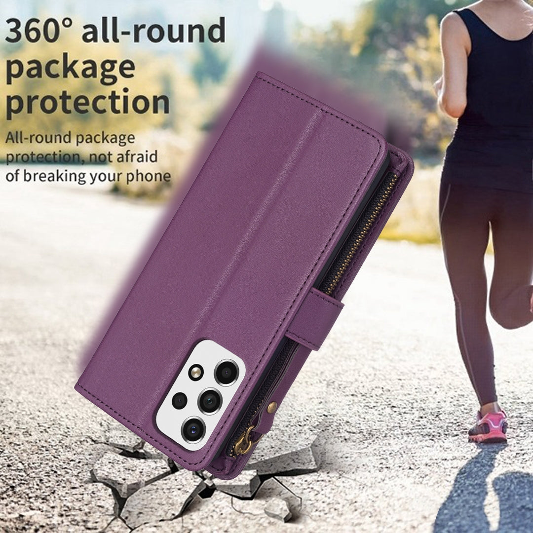 Samsung Galaxy A53 Leather Flip Wallet Phone Case with 9 Card Slots, Zipper Compartment, and Adjustable Stand