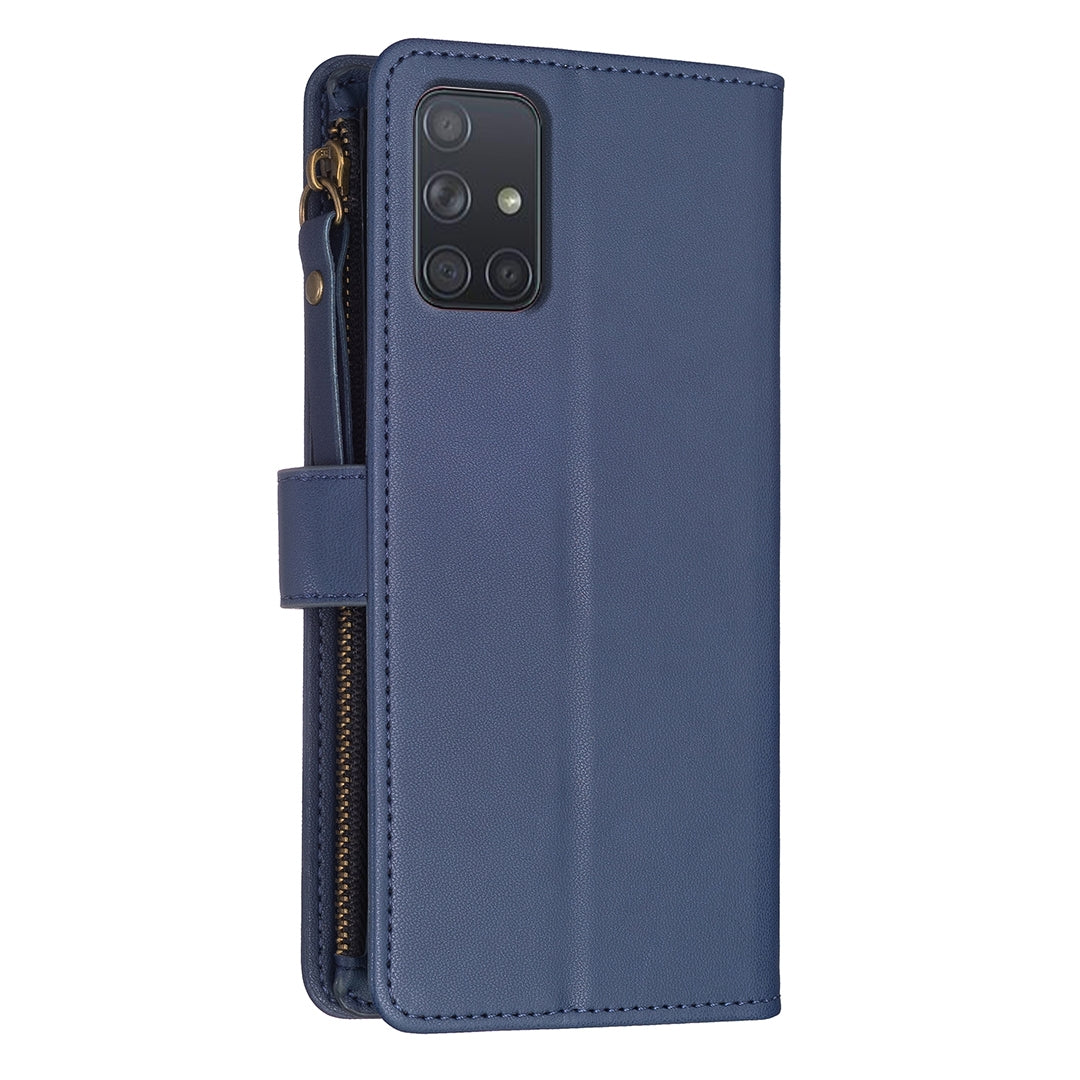 Samsung Galaxy A71 4G Leather Flip Wallet Phone Case with 9 Card Slots, Zipper Compartment, and Adjustable Stand