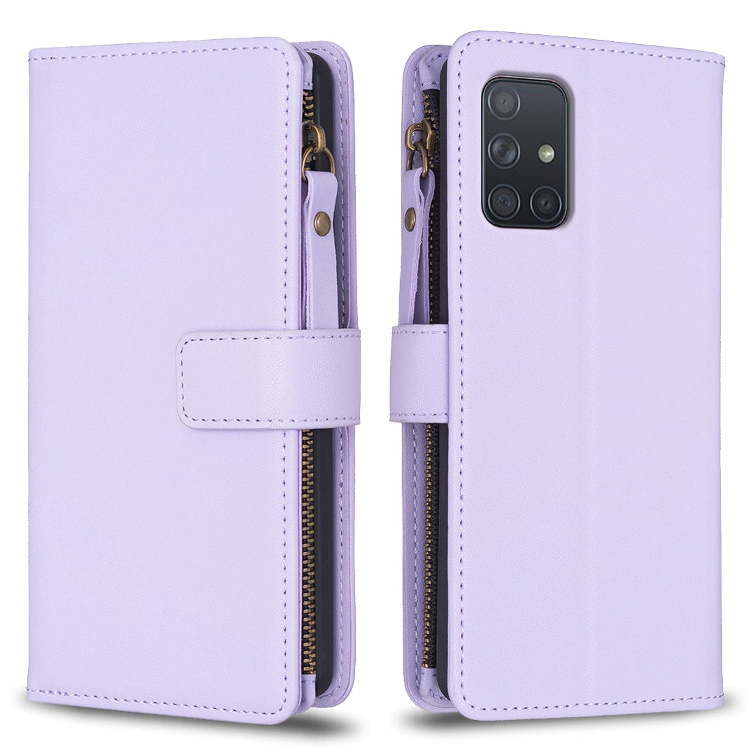 Samsung Galaxy A71 4G Leather Flip Wallet Phone Case with 9 Card Slots, Zipper Compartment, and Adjustable Stand