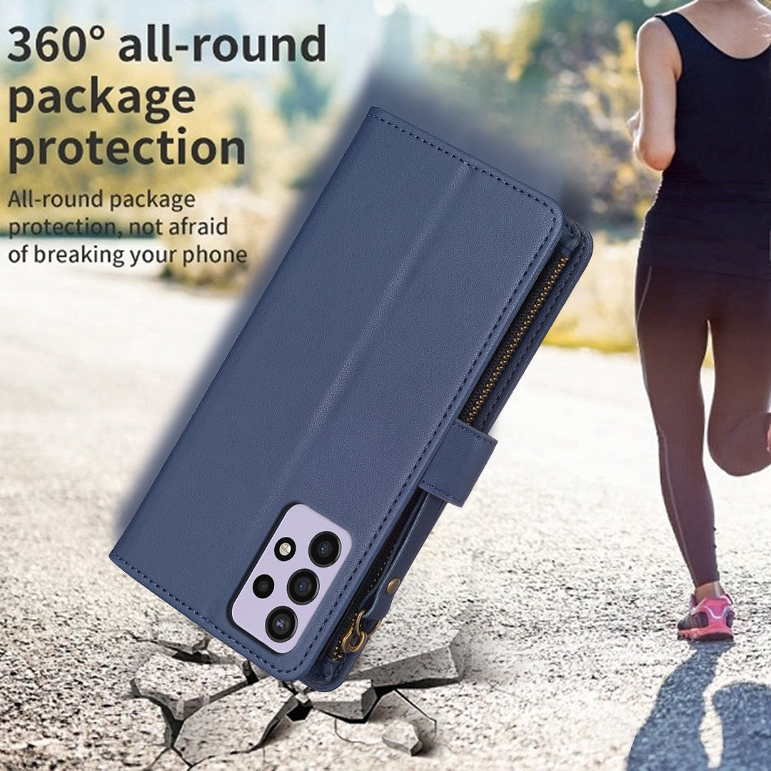 Samsung Galaxy A72 Leather Flip Wallet Phone Case with 9 Card Slots, Zipper Compartment, and Adjustable Stand