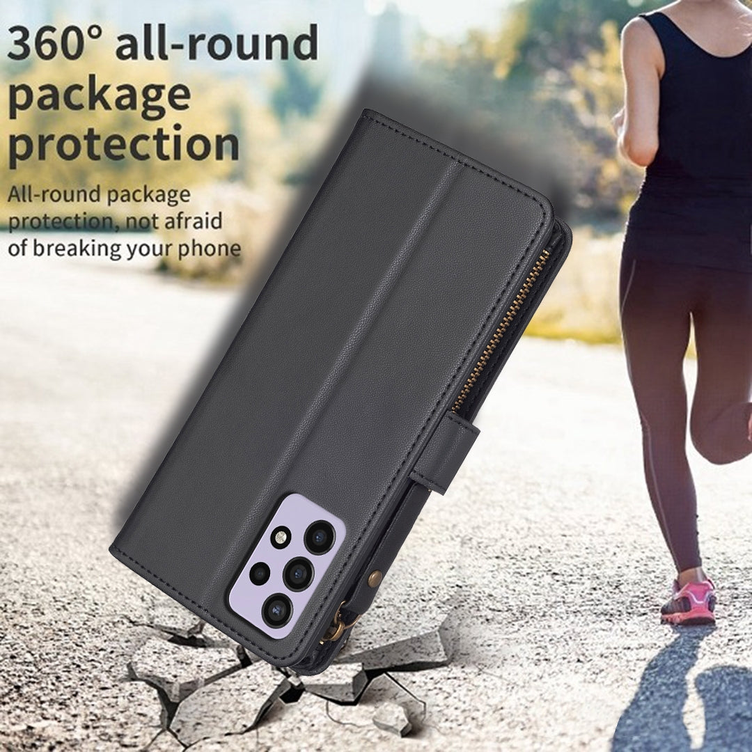 Samsung Galaxy A72 Leather Flip Wallet Phone Case with 9 Card Slots, Zipper Compartment, and Adjustable Stand