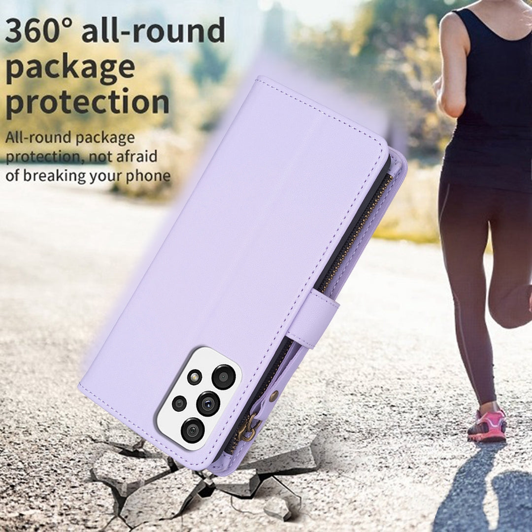 Samsung Galaxy A73 5G Leather Flip Wallet Phone Case with 9 Card Slots, Zipper Compartment, and Adjustable Stand