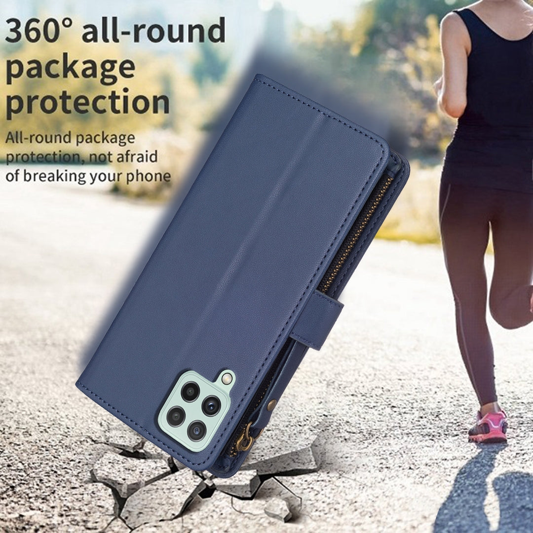 Samsung Galaxy A22 4G Leather Flip Wallet Phone Case with 9 Card Slots, Zipper Compartment, and Adjustable Stand