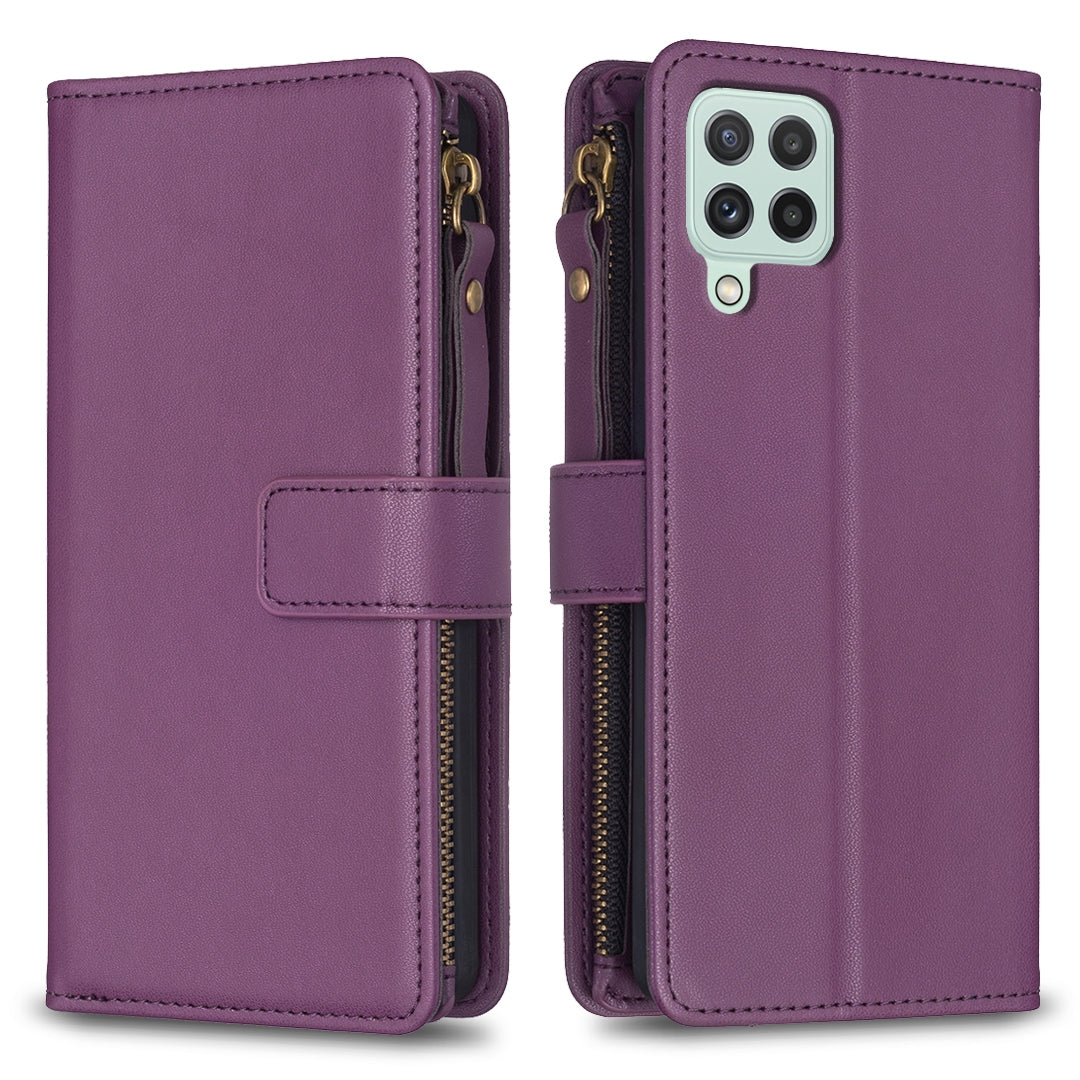 Samsung Galaxy A22 4G Leather Flip Wallet Phone Case with 9 Card Slots, Zipper Compartment, and Adjustable Stand