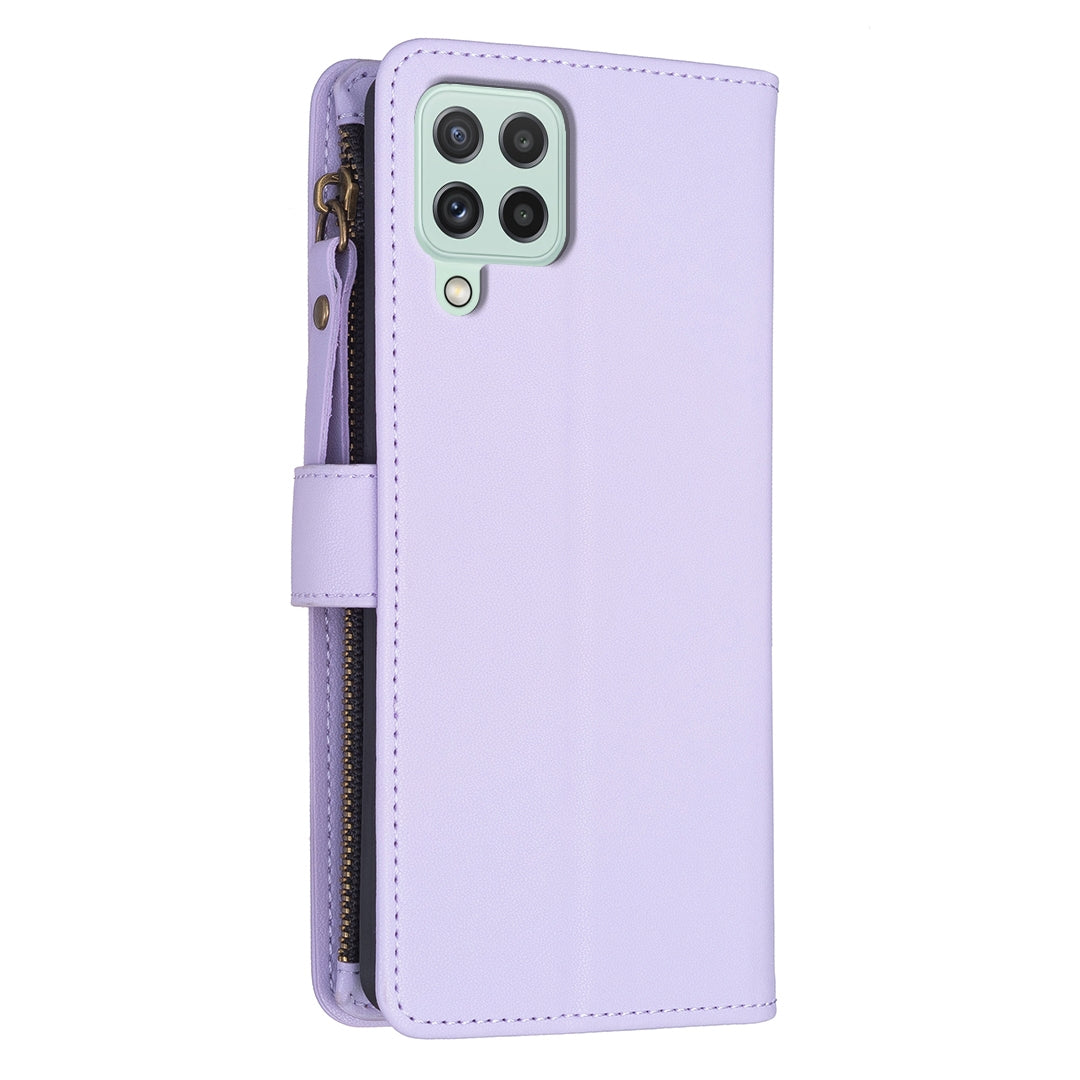 Samsung Galaxy A22 4G Leather Flip Wallet Phone Case with 9 Card Slots, Zipper Compartment, and Adjustable Stand