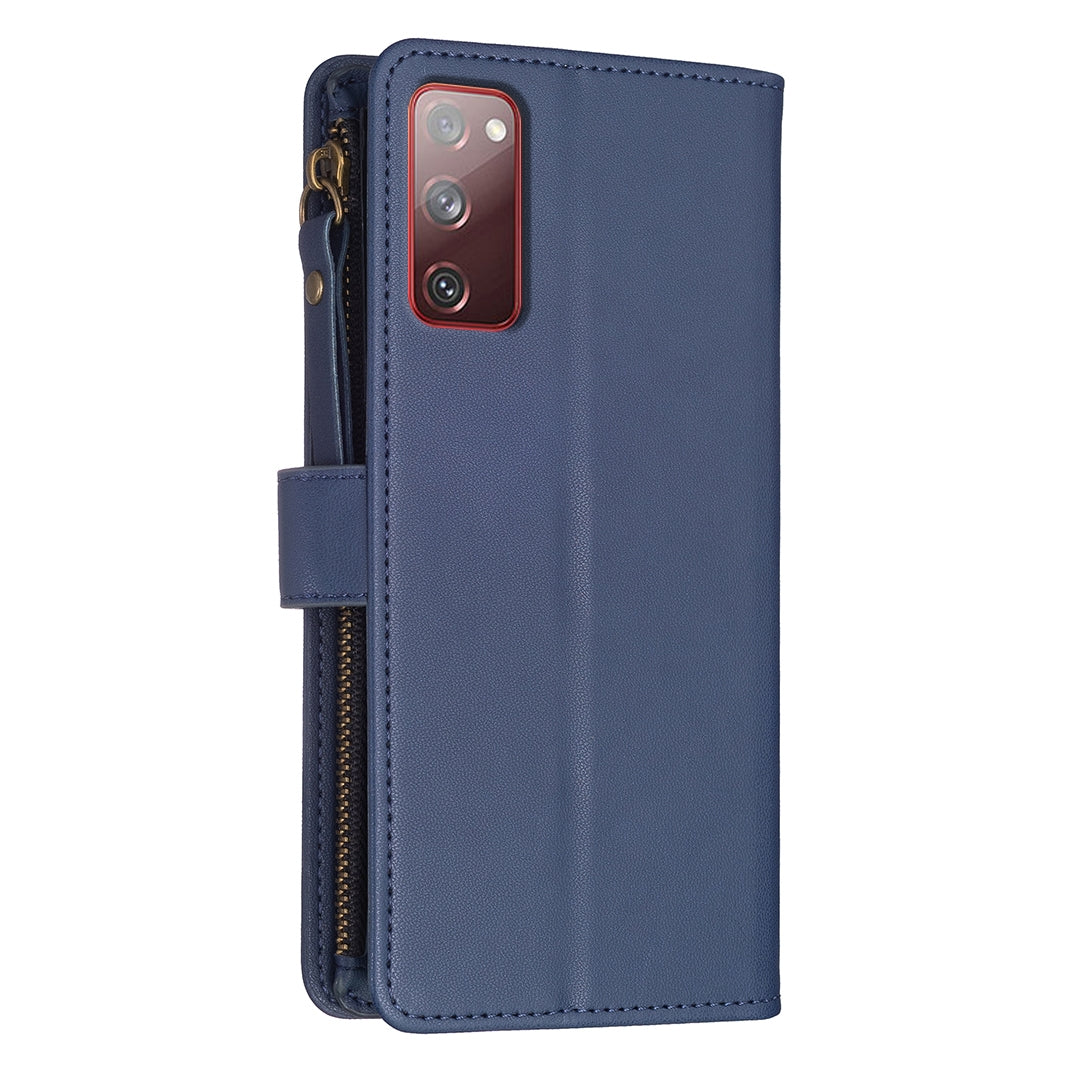 Samsung Galaxy S20 FE Leather Flip Wallet Phone Case with 9 Card Slots, Zipper Compartment, and Adjustable Stand