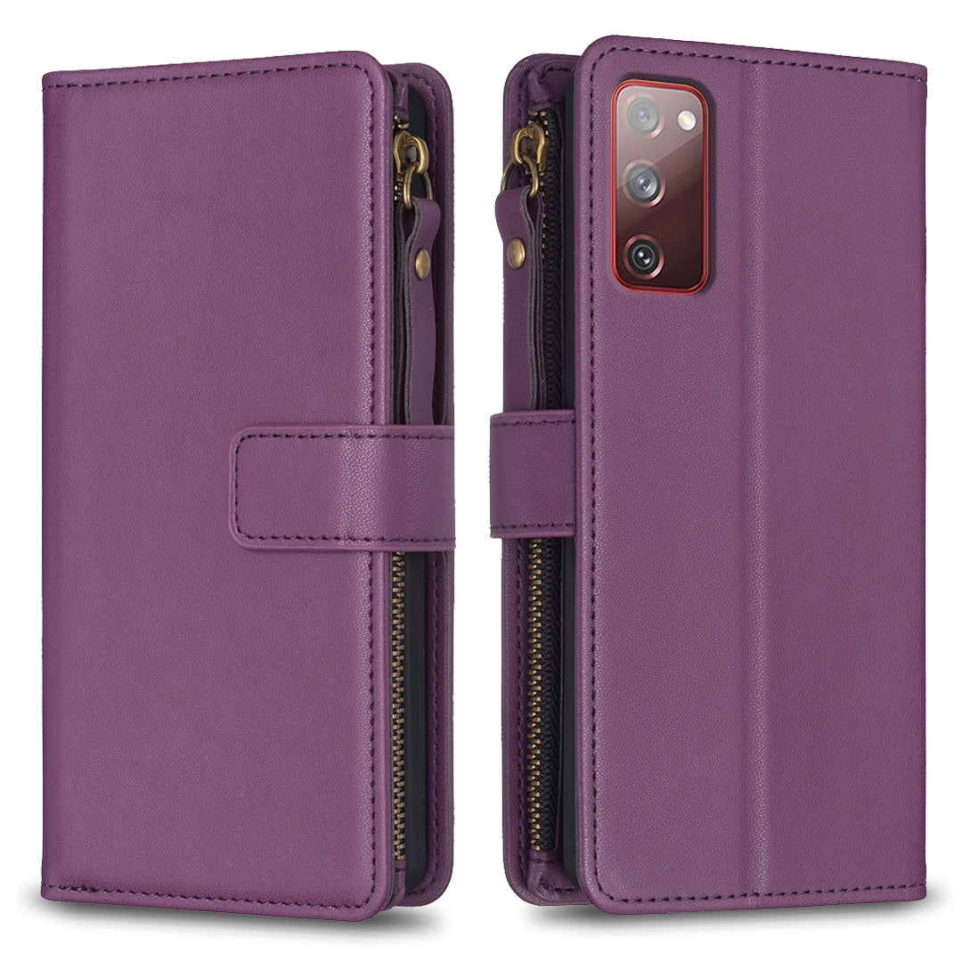Samsung Galaxy S20 FE Leather Flip Wallet Phone Case with 9 Card Slots, Zipper Compartment, and Adjustable Stand