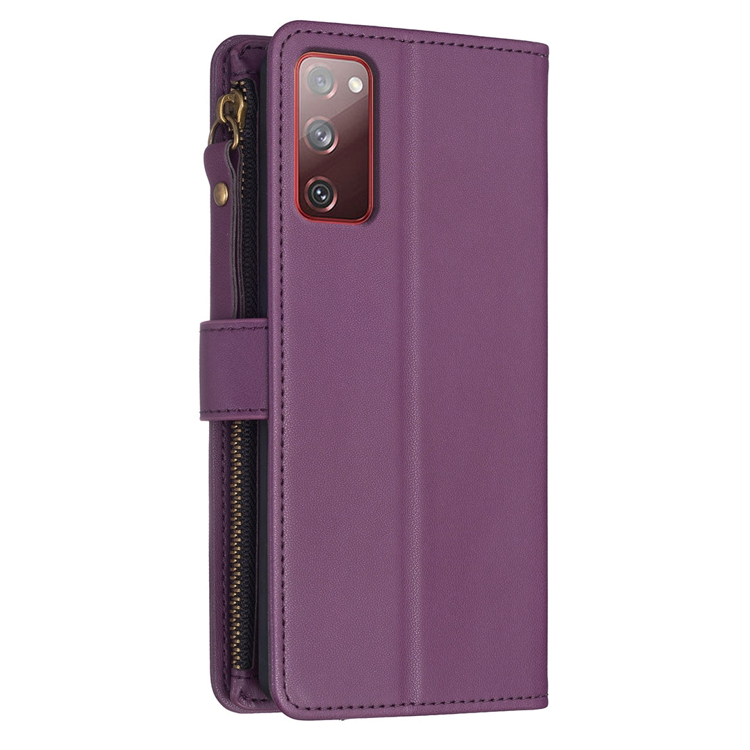 Samsung Galaxy S20 FE Leather Flip Wallet Phone Case with 9 Card Slots, Zipper Compartment, and Adjustable Stand