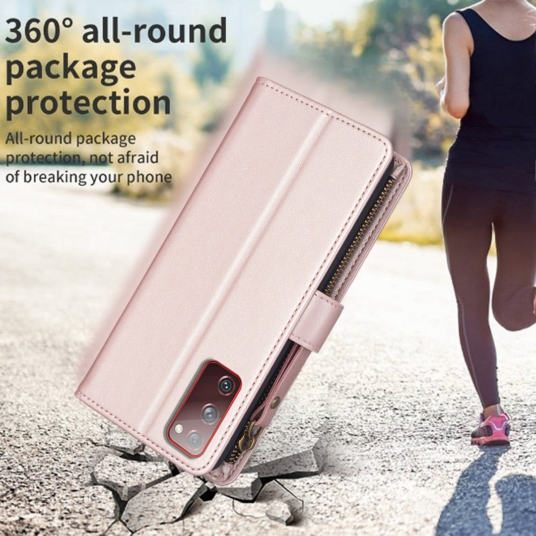 Samsung Galaxy S20 FE Leather Flip Wallet Phone Case with 9 Card Slots, Zipper Compartment, and Adjustable Stand