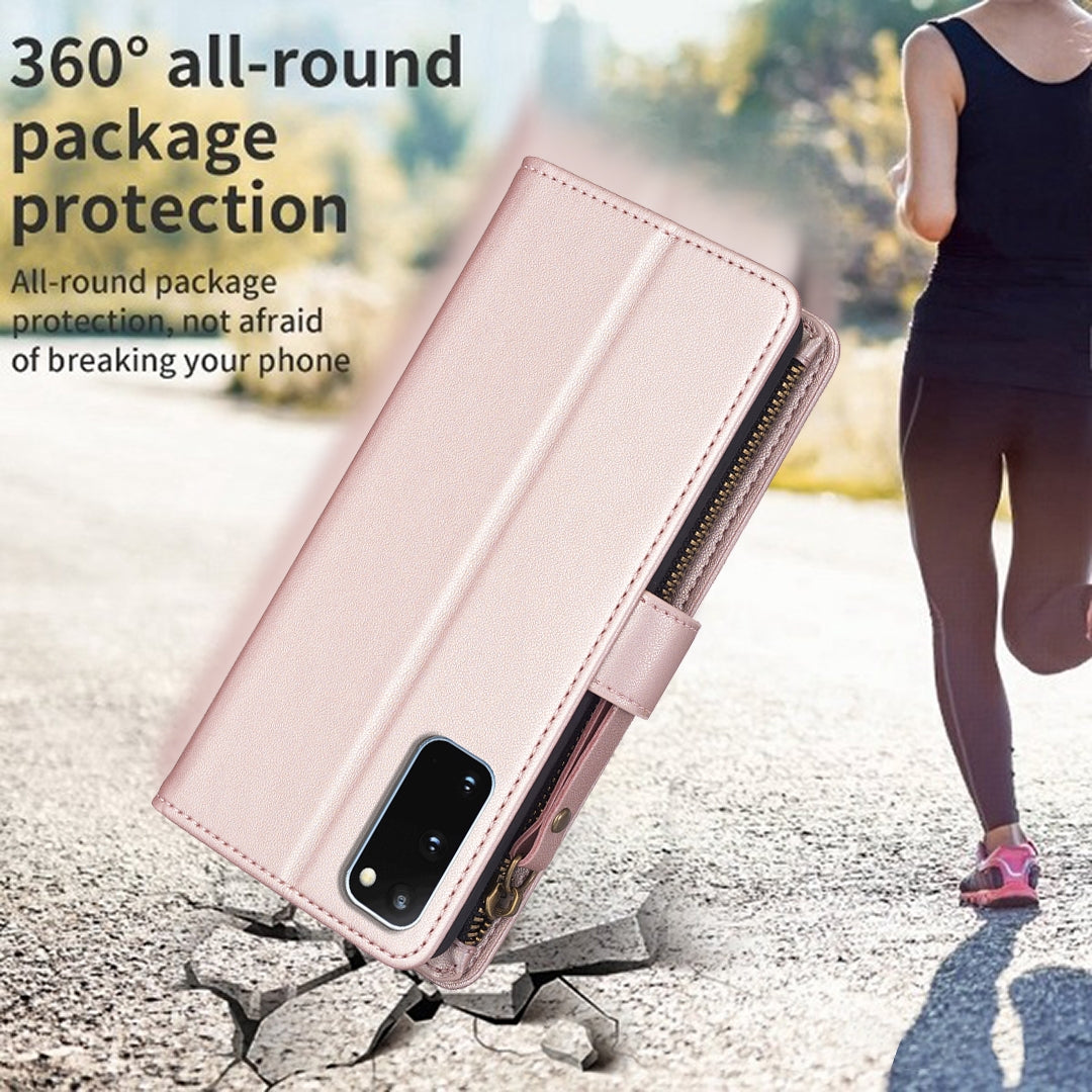 Samsung Galaxy S20 Leather Flip Wallet Phone Case with 9 Card Slots, Zipper Compartment, and Adjustable Stand