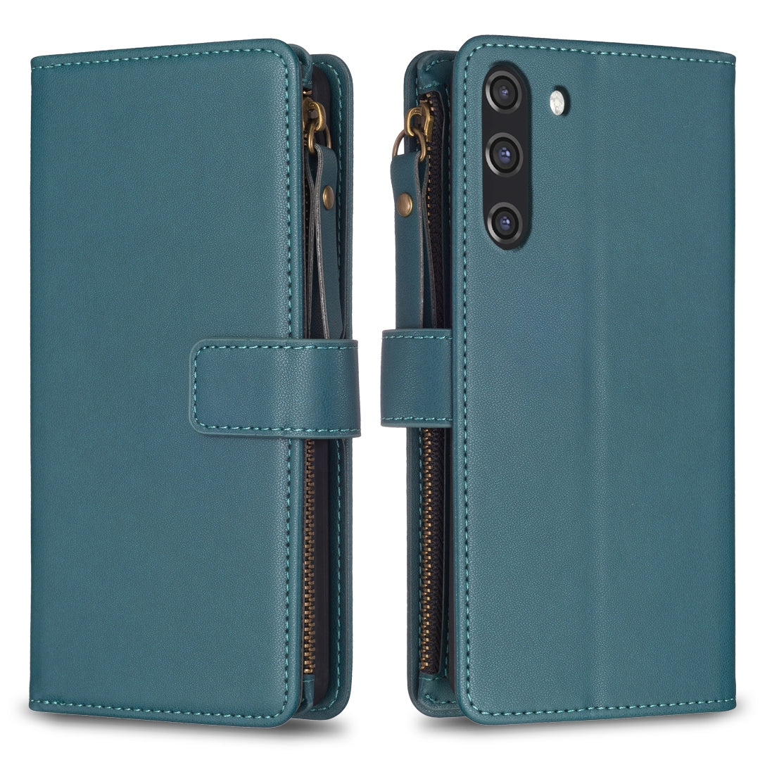 Samsung Galaxy S21 FE 5G Leather Flip Wallet Phone Case with 9 Card Slots, Zipper Compartment, and Adjustable Stand