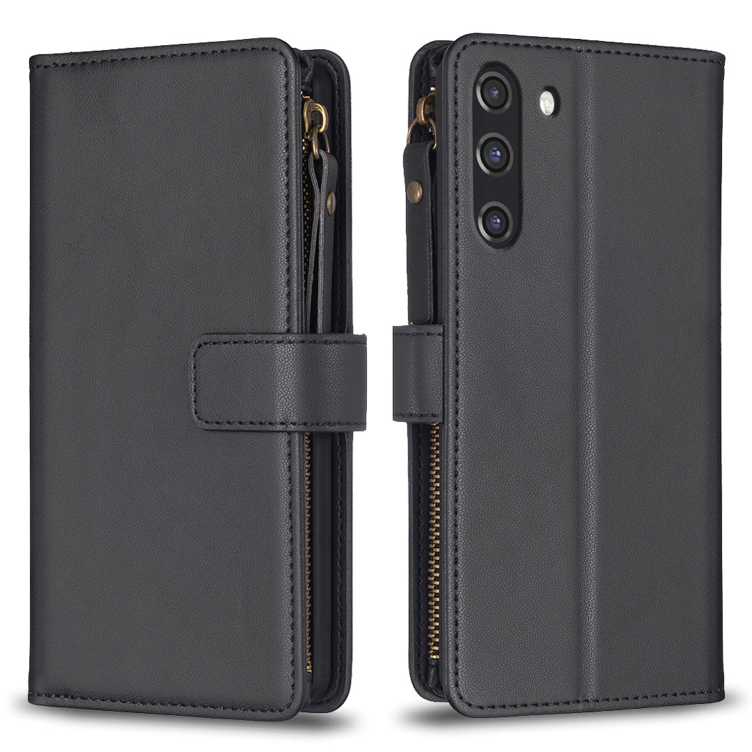 Samsung Galaxy S21 FE 5G Leather Flip Wallet Phone Case with 9 Card Slots, Zipper Compartment, and Adjustable Stand