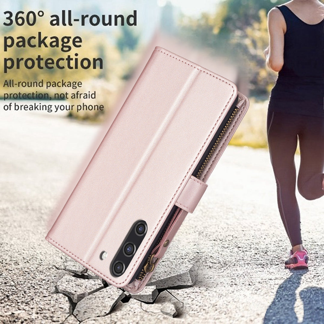 Samsung Galaxy S21 FE 5G Leather Flip Wallet Phone Case with 9 Card Slots, Zipper Compartment, and Adjustable Stand