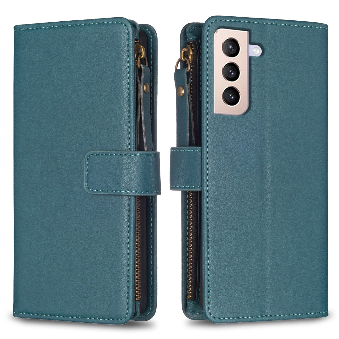 Samsung Galaxy S21+ 5G Leather Flip Wallet Phone Case with 9 Card Slots, Zipper Compartment, and Adjustable Stand