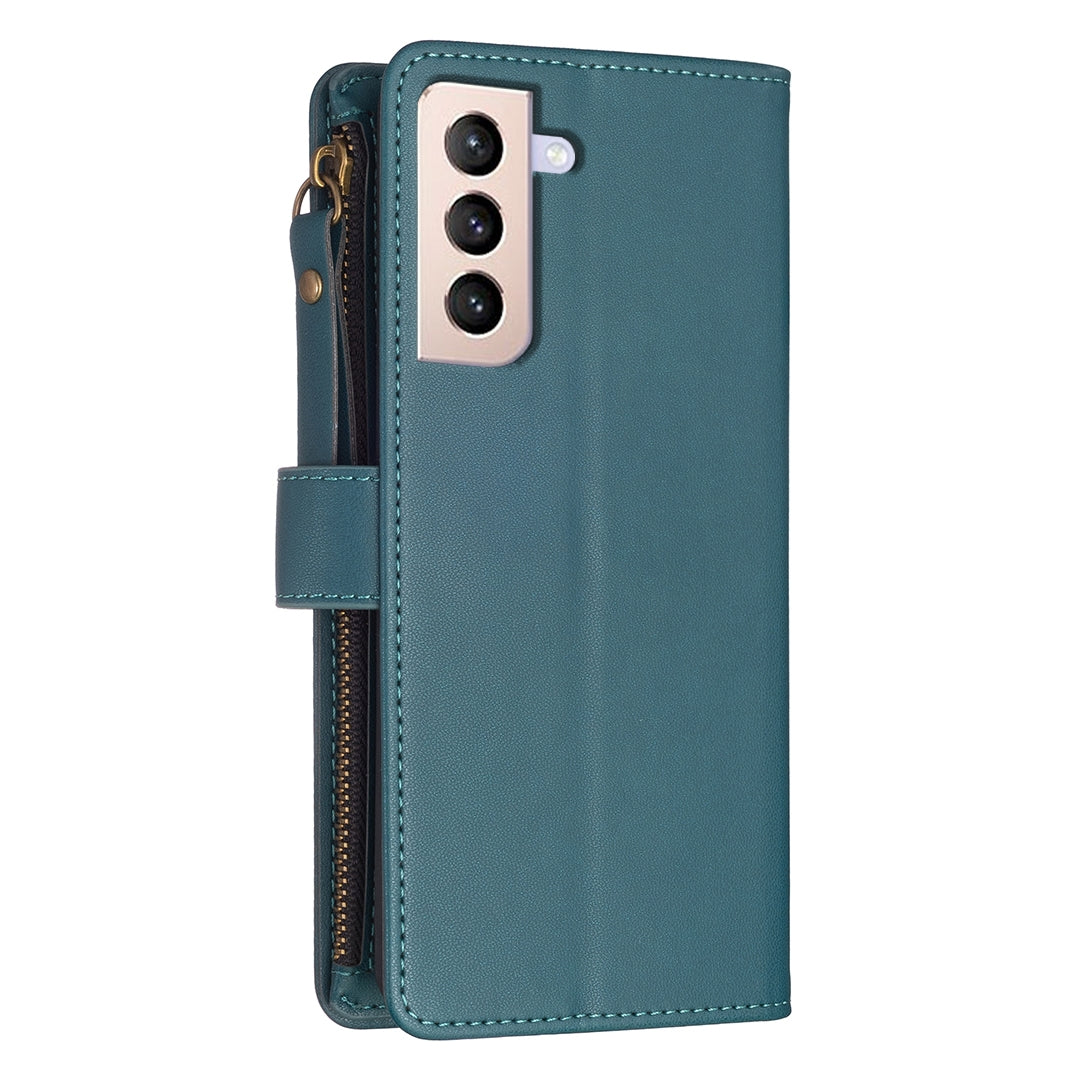 Samsung Galaxy S21+ 5G Leather Flip Wallet Phone Case with 9 Card Slots, Zipper Compartment, and Adjustable Stand