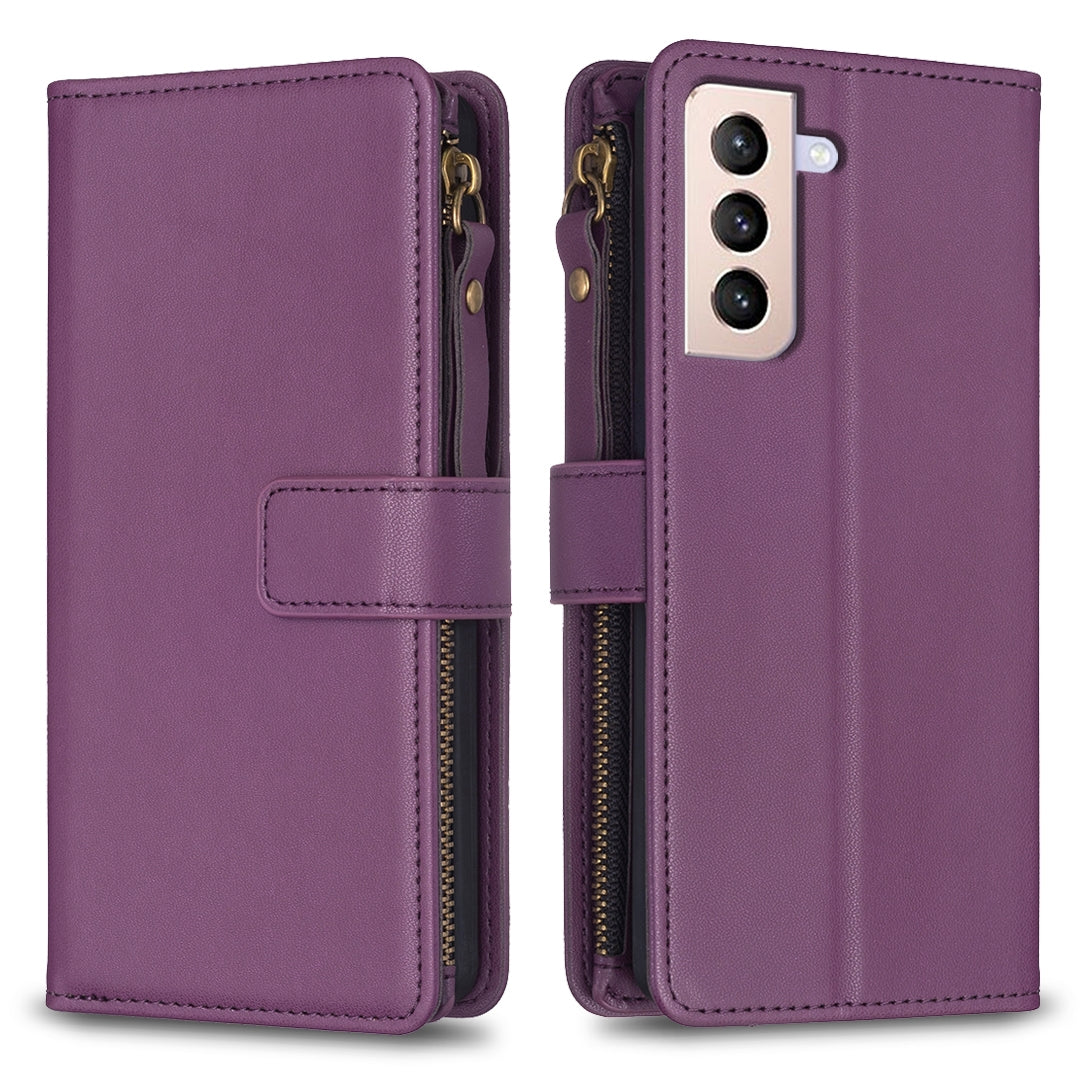 Samsung Galaxy S21+ 5G Leather Flip Wallet Phone Case with 9 Card Slots, Zipper Compartment, and Adjustable Stand