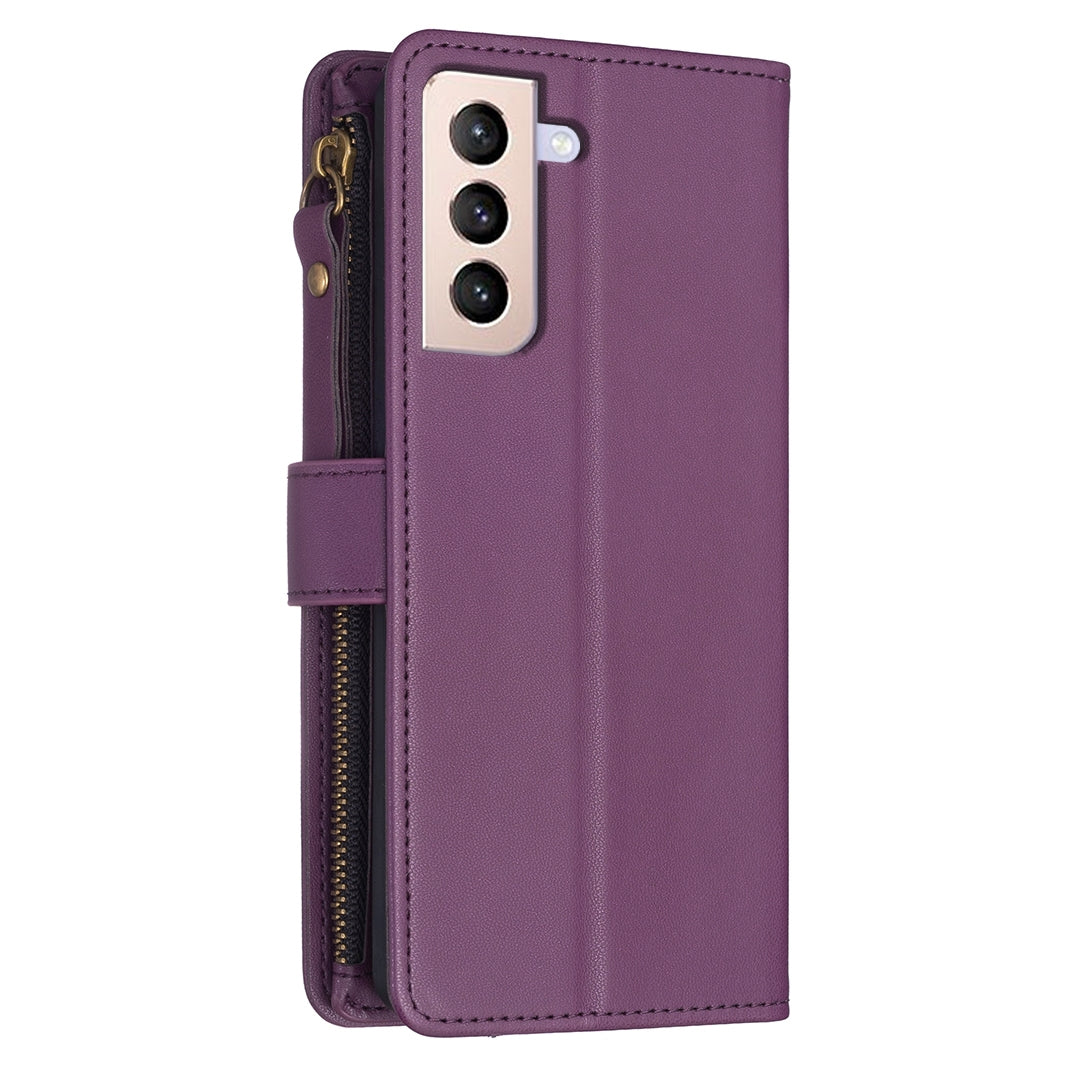 Samsung Galaxy S21+ 5G Leather Flip Wallet Phone Case with 9 Card Slots, Zipper Compartment, and Adjustable Stand